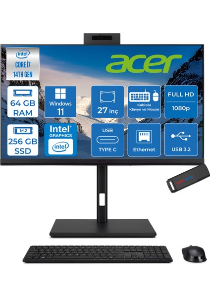 Veriton 4000 VZ4727GT Intel Core I7 14700 64GB Ram 256GB SSD Windows 11 Pro UHD Graphics 27" Yükseklik Ayarı, Pivot, Vesa Desteği Fullhd All In One Bilgisayar DQR23EM003P26 + Zetta Flash Bellek