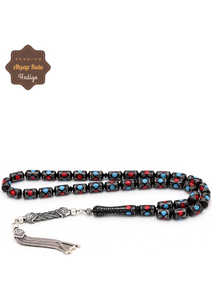 Kırmızı Mavi Gümüş Işlemeli Kapsül Kesim Gümüş Püsküllü Kuka Tesbih 201024163