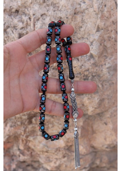 Kırmızı Mavi Gümüş Işlemeli Kapsül Kesim Gümüş Püsküllü Kuka Tesbih 201024163 fiyatları