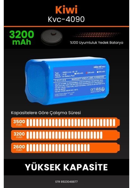 Kiwi KVC-4090 3200MAH Robot Süpürge Bataryası - Yüksek Yoğunluklu Li-Ion Hücre
