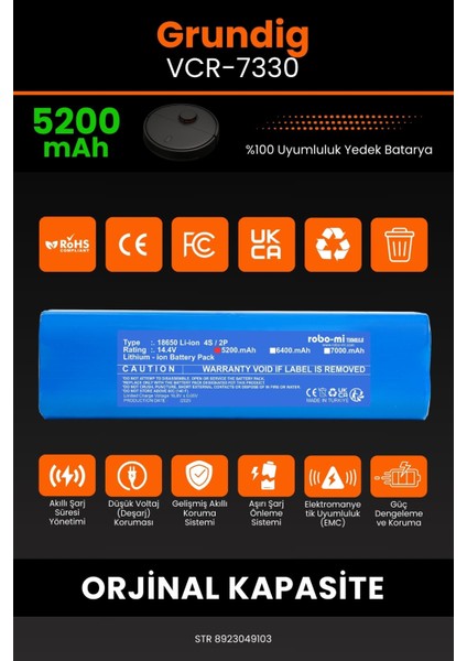 Grundig Vcr 7330 5200mAh Robot Süpürge Bataryası - Yüksek Yoğunluklu Li-ion Hücre modelleri