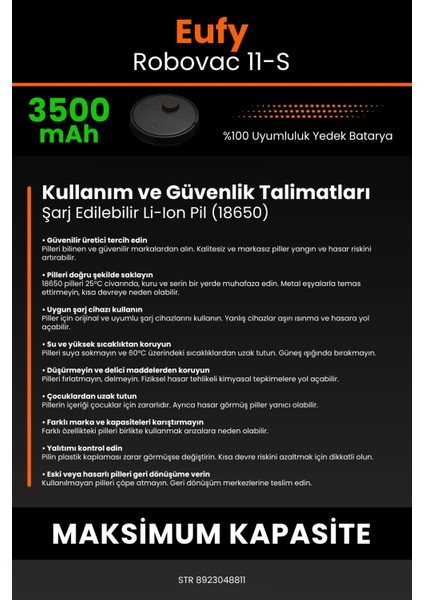 Eufy Robovac 11-S 3500MAH Robot Süpürge Bataryası - Yüksek Yoğunluklu Li-Ion Hücre