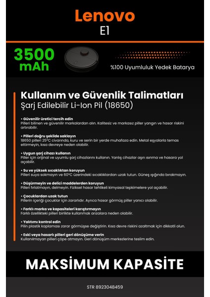 Lenovo E1 3500mAh Robot Süpürge Bataryası - Sertifikalı Güvenlik, Gerçek Kapasite