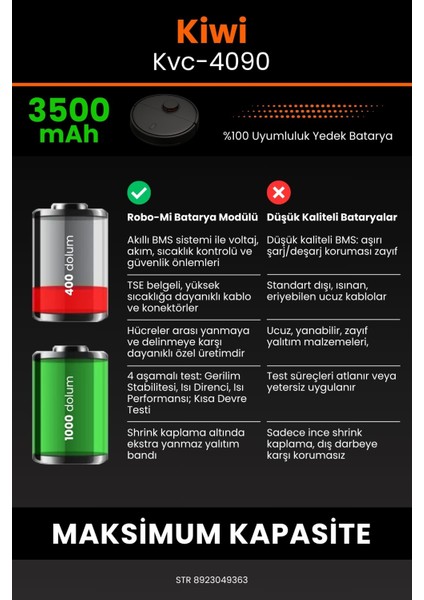 Kiwi KVC-4090 3500mAh Robot Süpürge Bataryası - Yüksek Yoğunluklu Li-ion Hücre