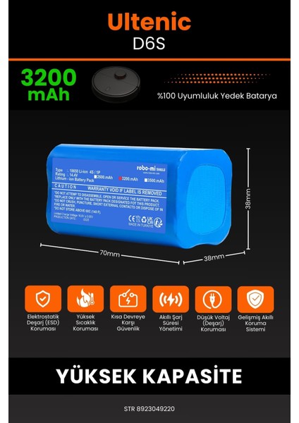 Ultenic D6S 3200MAH Robot Süpürge Bataryası - Koruma Katmanlı Batarya Teknolojisi