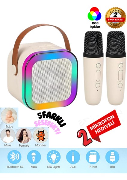 Çift Karaoke Mikrofonlu Kablosuz Bluetooth Hoparlör 5 Ses Efektli Rgb Hd Stereo Ses Usb/sd/fm