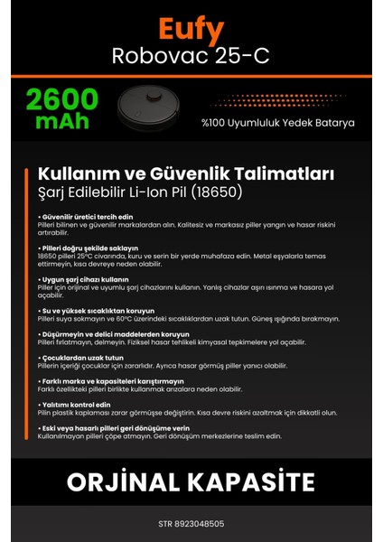 Eufy Robovac 25C 2600mAh Robot Süpürge Bataryası - Sertifikalı Güvenlik, Gerçek Kapasite