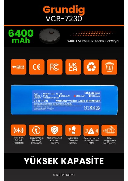 Grundig Vcr 7230 6400mAh Robot Süpürge Bataryası - Sertifikalı Güvenlik, Gerçek Kapasite modelleri