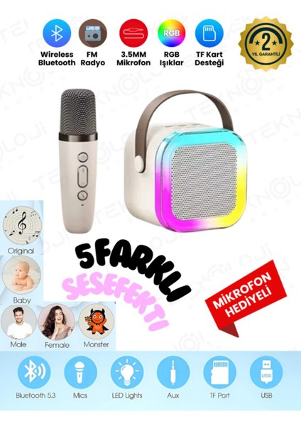 K12 Kablosuz Bluetooth Hoparlör Karaoke Mikrofon 5 Ses Efektli Rgb Hd Stereo ?Es Usb/Sd/Fm