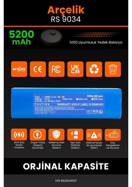 Arçelik Rs 9034 Hm 5200mAh Robot Süpürge Bataryası - Yüksek Yoğunluklu Li-ion Hücre modelleri