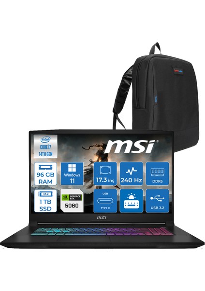 Msı Katana 17 Hx B14WFK-046XTR 14. Nesil Intel I7-14650HX 96GB Ddr5 1tb SSD 8GB/RTX5060 115W 17.3" Qhd (2560*1440), 240Hz IPS Windows 11 Pro Gaming Bilg. W046XTRP28+ZETTAÇANTA