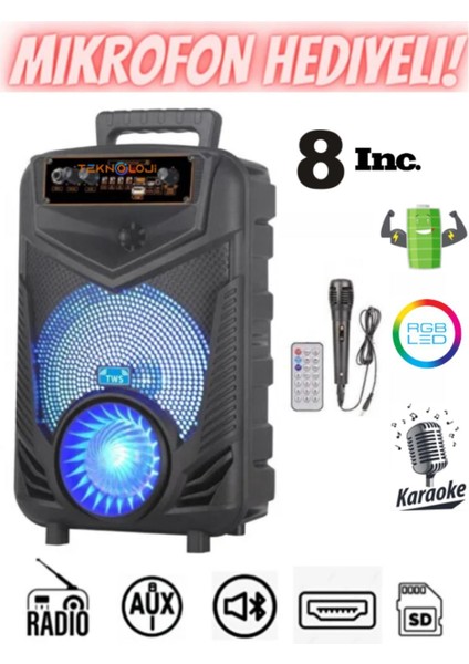 Kablosuz Hoparlör 8 Inç Büyük Boy Bluetooth Speaker Karaoke Mikrofon Işıklı Parti Fmradyo Aux Sd USB