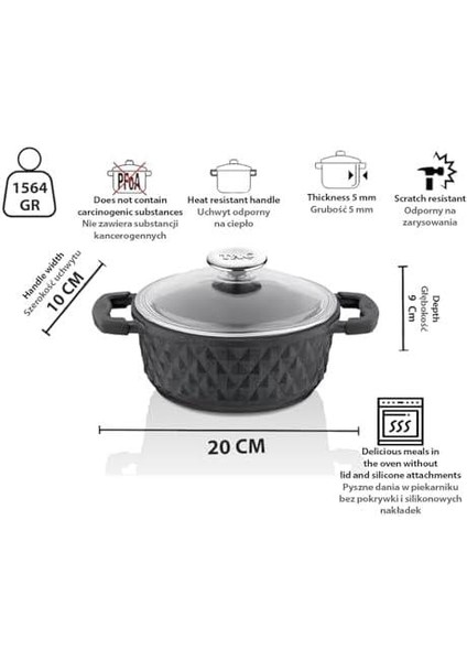 Bella Cam Kapak Döküm Derin Tencere No:20 Siyah