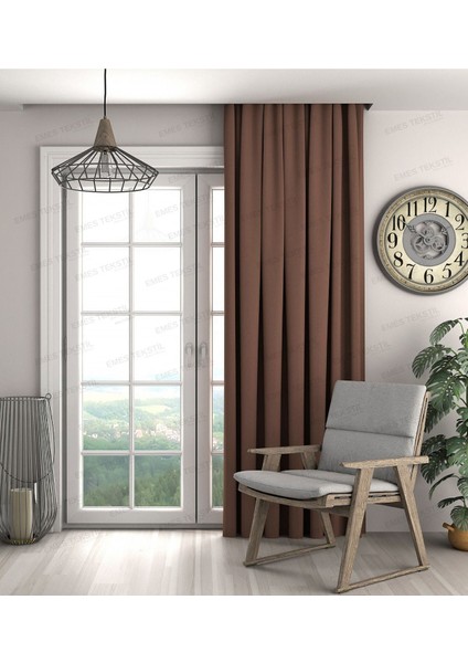 Kahverengi Fon Perde, Kadife Dokulu Fon Perde,pilesiz Ekstrafor Büzgülü (Tek Kanat)