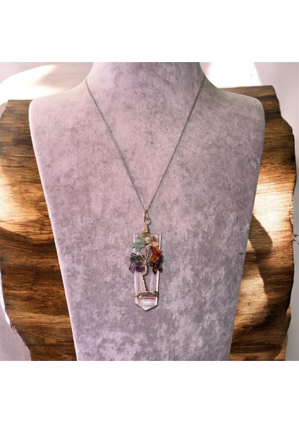 Şeffaf Doğal Taşa Sarılı Ağaç Detaylı Otantik Kolye