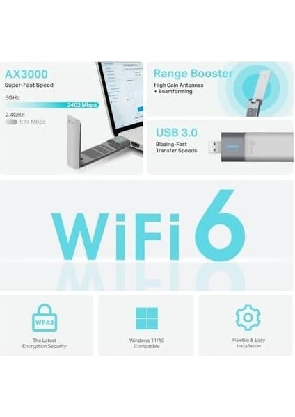 Archer TX50UH, AX3000 Mbps, 1,2 Metre USB 3.0 Kablo, Yüksek Çekim Güçlü Wi-Fi 6 USB Adaptör