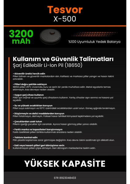 Tesvor X500 3200mAh Robot Süpürge Bataryası - Sertifikalı Güvenlik, Gerçek Kapasite