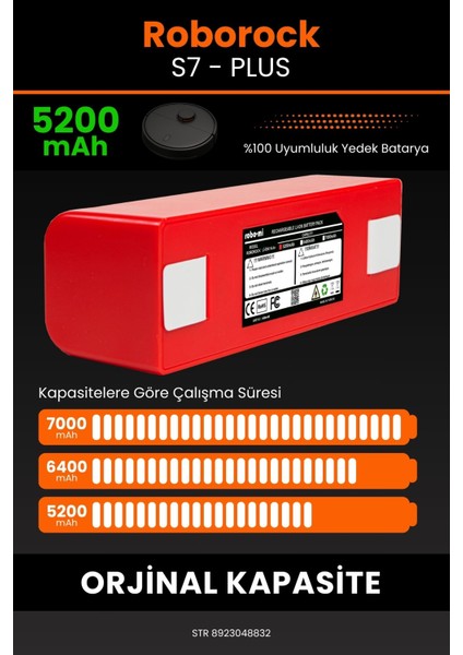 Roborock S7 - Plus 5200MAH Robot Süpürge Bataryası - Yüksek Yoğunluklu Li-Ion Hücre