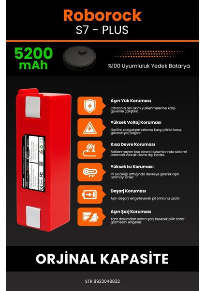 Roborock S7 - Plus 5200MAH Robot Süpürge Bataryası - Yüksek Yoğunluklu Li-Ion Hücre
