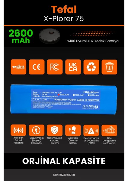 Tefal X-Plorer 75 2600mAh Robot Süpürge Bataryası - Koruma Katmanlı Batarya Teknolojisi modelleri