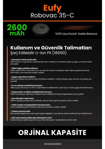 Eufy Robovac 35-C 2600MAH Robot Süpürge Bataryası - Koruma Katmanlı Batarya Teknolojisi
