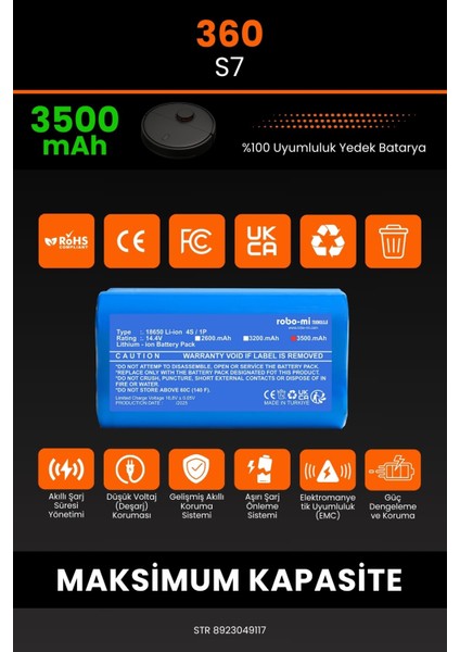 360 S7 3500mAh Robot Süpürge Bataryası - Yüksek Yoğunluklu Li-ion Hücre modelleri