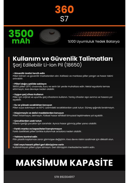 360 S7 3500mAh Robot Süpürge Bataryası - Yüksek Yoğunluklu Li-ion Hücre