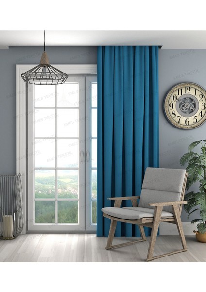 Petrol Mavisi Fon Perde,kadife Dokulu Fon Perde,pilesiz Ekstrafor Büzgülü (Tek Kanat)