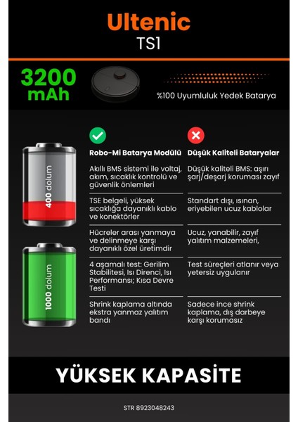 Ultenic TS1 3200mAh Robot Süpürge Bataryası - Sertifikalı Güvenlik, Gerçek Kapasite