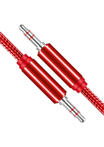 Hasır Örgülü 2 Metre Aux Kablosu Ses Kablosu 3.5 mm Kırmızı