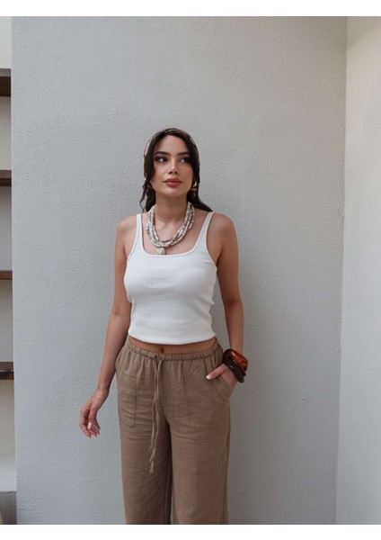 Kahve Keten Kordonlu Pantolon fırsatları