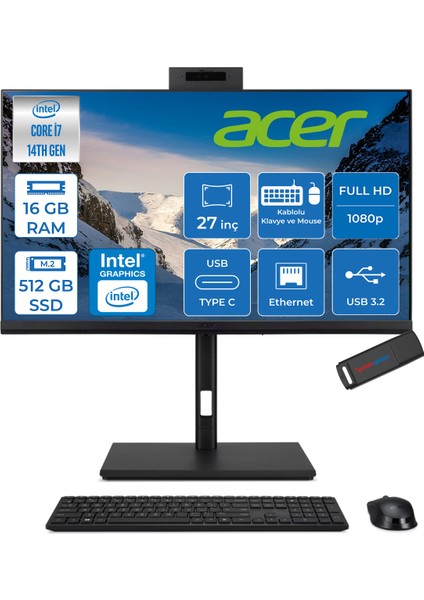 Veriton 4000 VZ4727GT Intel Core I7 14700 16GB Ram 512GB SSD Freedos UHD Graphics 27" Yükseklik Ayarı, Pivot, Vesa Desteği Fullhd All In One Bilgisayar DQR23EM003F02 + Zetta Flash Bellek
