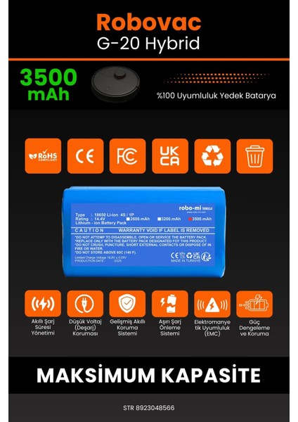 Eufy Robovac G20 3500mAh Robot Süpürge Bataryası - Sertifikalı Güvenlik, Gerçek Kapasite modelleri