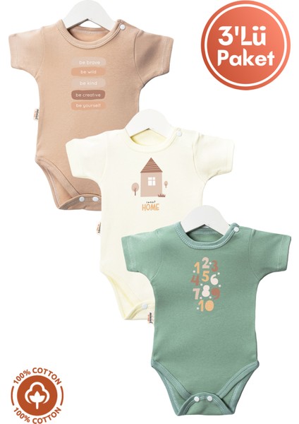 Unisex Bebek %100 Organik Pamuklu Bohem Baskılı 3-6-9-12 Ay 3lü Kısa Kollu Bebek Body Zıbın