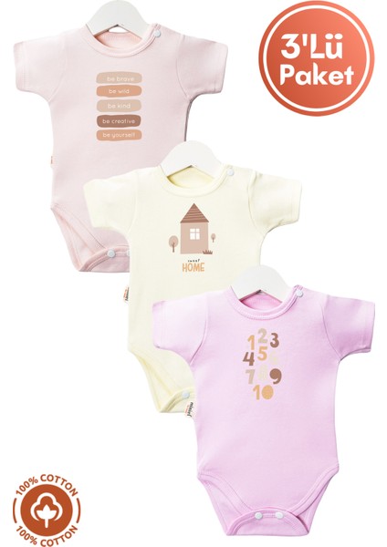 Unisex Bebek %100 Organik Pamuklu Bohem Baskılı 3-6-9-12 Ay 3lü Kısa Kollu Bebek Body Zıbın