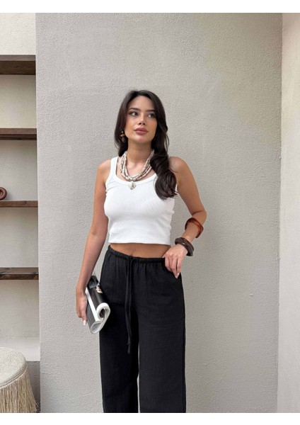 Siyah Keten Kordonlu Pantolon fırsatları