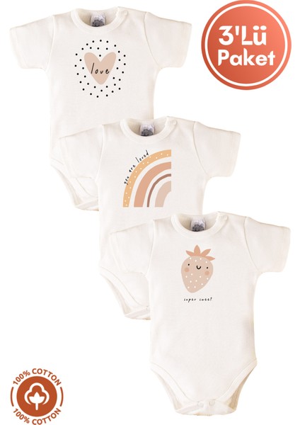 Kız Bebek %100 Organik Pamuklu Love Baskılı 3-6-9-12 Ay 3lü Kısa Kollu Bebek Body Zıbın