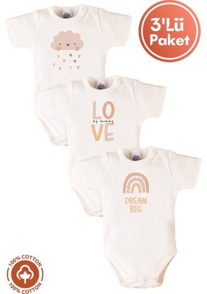 Unisex Bebek %100 Organik Pamuklu Dream Baskılı 3-6-9-12 Ay 3lü Kısa Kollu Bebek Body Zıbın