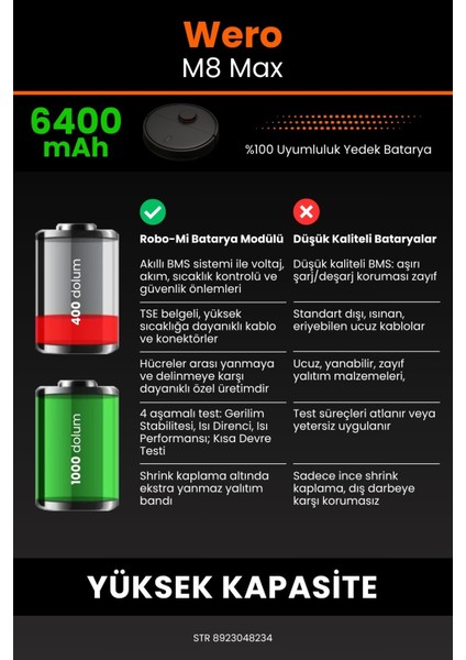 Wero M8 Max 6400mAh Robot Süpürge Bataryası - Sertifikalı Güvenlik, Gerçek Kapasite
