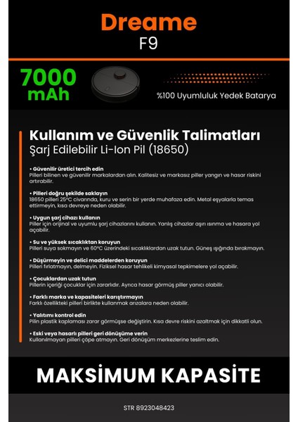 Dreame F9 Vacuum Mop 7000mAh Robot Süpürge Bataryası - Sertifikalı Güvenlik, Gerçek Kapasite