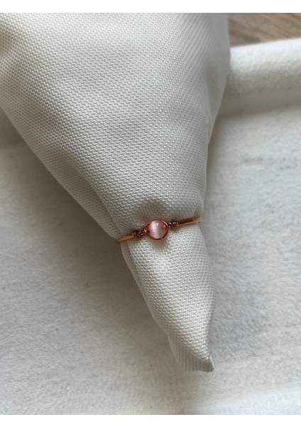 Minimal Pembe Kedi Gözü Ayarlanabilir Bakır Tel Yüzük
