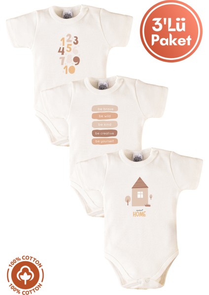 Unisex Bebek %100 Organik Pamuklu Bohem Baskılı 3-6-9-12 Ay 3lü Kısa Kollu Bebek Body Zıbın