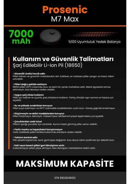 Prosenic M7 Max 7000MAH Robot Süpürge Bataryası - Koruma Katmanlı Batarya Teknolojisi