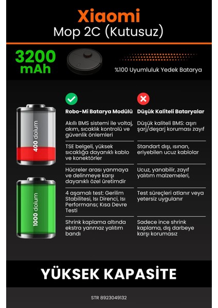 Xiaomi Xiaomi Mi Vacuum Mop 2c (Kutusuz) 3200MAH Robot Süpürge Bataryası