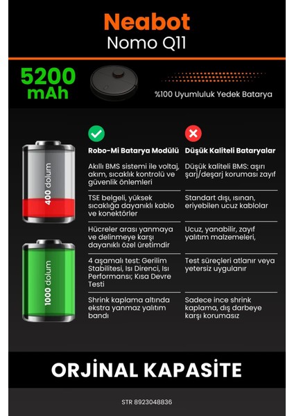 Neabot Nomo Q11 5200MAH Robot Süpürge Bataryası - Yüksek Yoğunluklu Li-Ion Hücre