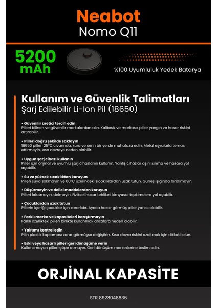 Neabot Nomo Q11 5200MAH Robot Süpürge Bataryası - Yüksek Yoğunluklu Li-Ion Hücre
