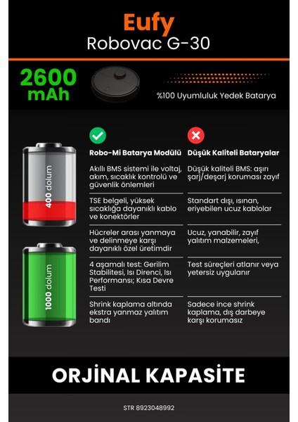 Eufy Robovac G-30 2600MAH Robot Süpürge Bataryası - Yüksek Yoğunluklu Li-Ion Hücre