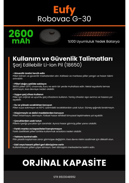 Eufy Robovac G-30 2600MAH Robot Süpürge Bataryası - Yüksek Yoğunluklu Li-Ion Hücre