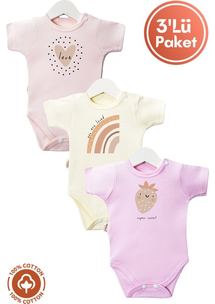 Kız Bebek %100 Organik Pamuklu Love Baskılı 3-6-9-12 Ay 3lü Kısa Kollu Bebek Body Zıbın