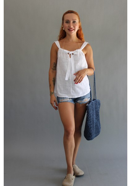 Keten Omuzdan Bağlamalı Bluz